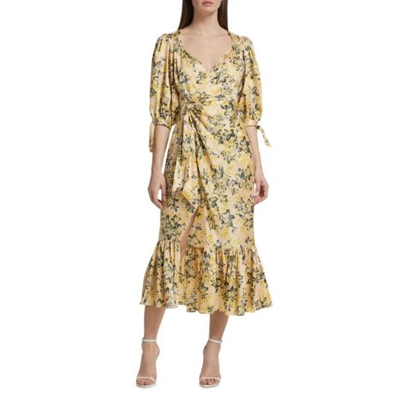 Cinq À Sept Size 4 Multicolor Kerstin Floral Puff Sleeve Ruffle Midi Wrap Dress - Picture 1 of 16